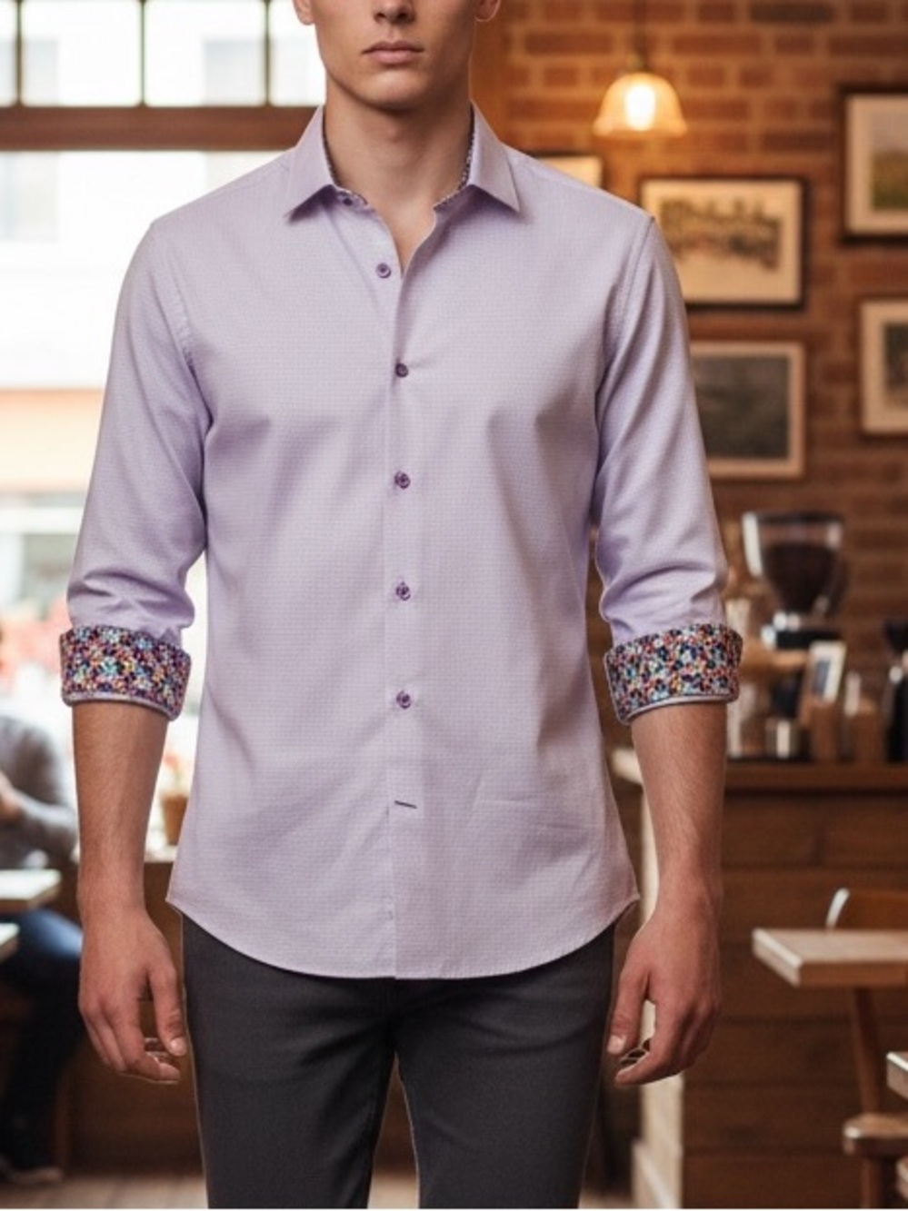 Bertigo Men's Lavender Button Down Dress Shirt with Contrasting Cuffs